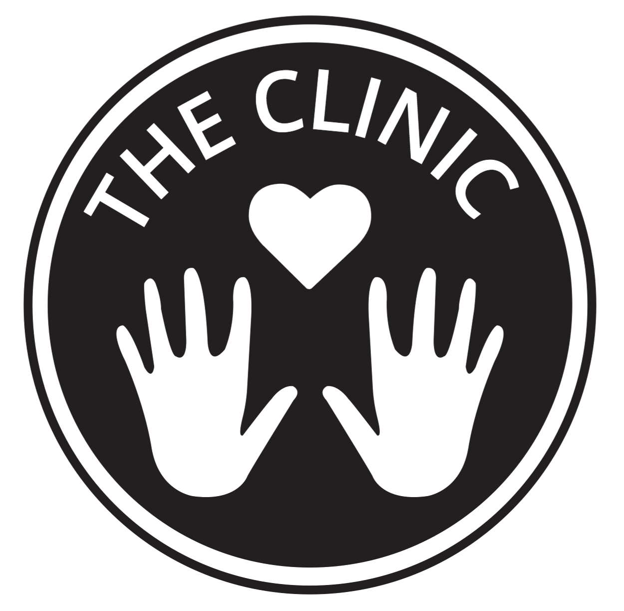 An image of the logo of The Clinic. Two open hands with a heart above, with the words 