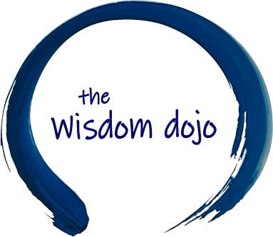 The Wisdom dojo's logo. A inso-style calligraphy around the words: the Wisdom dojo.