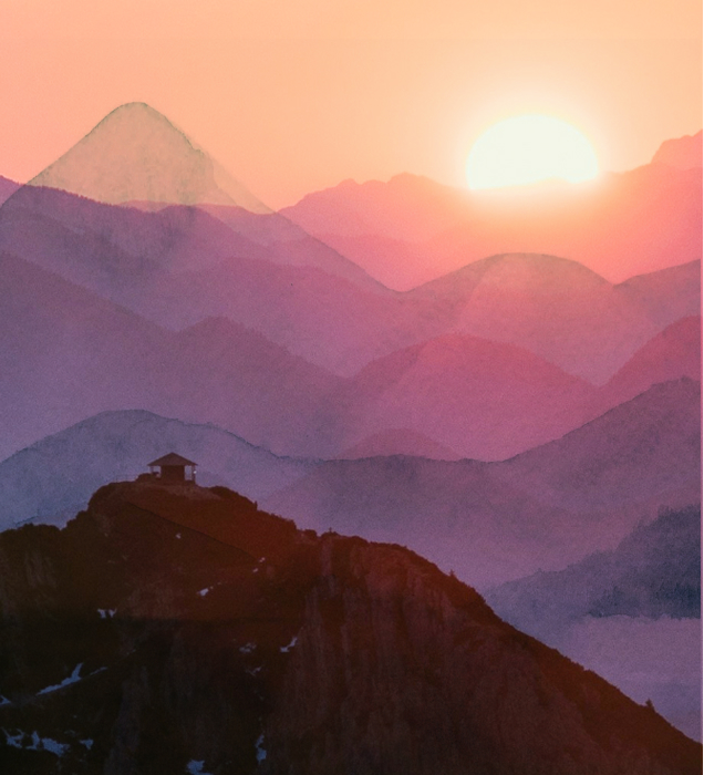 An image with a small cabin on a mountain top, with stylized outlines of mountains overlaid and a sun rising in the background.
